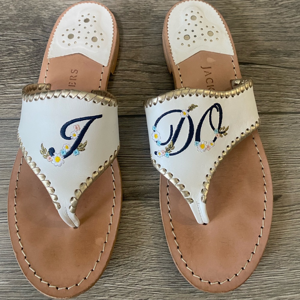 Jack Rogers White Leather Embroidered Monogram Sandals